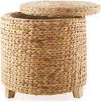 Casafield 17" Round Storage Ottoman with Lid - Natural, Handwoven Water Hyacinth Footstool for Living Room, Bedroom, Bathroom, Home Office