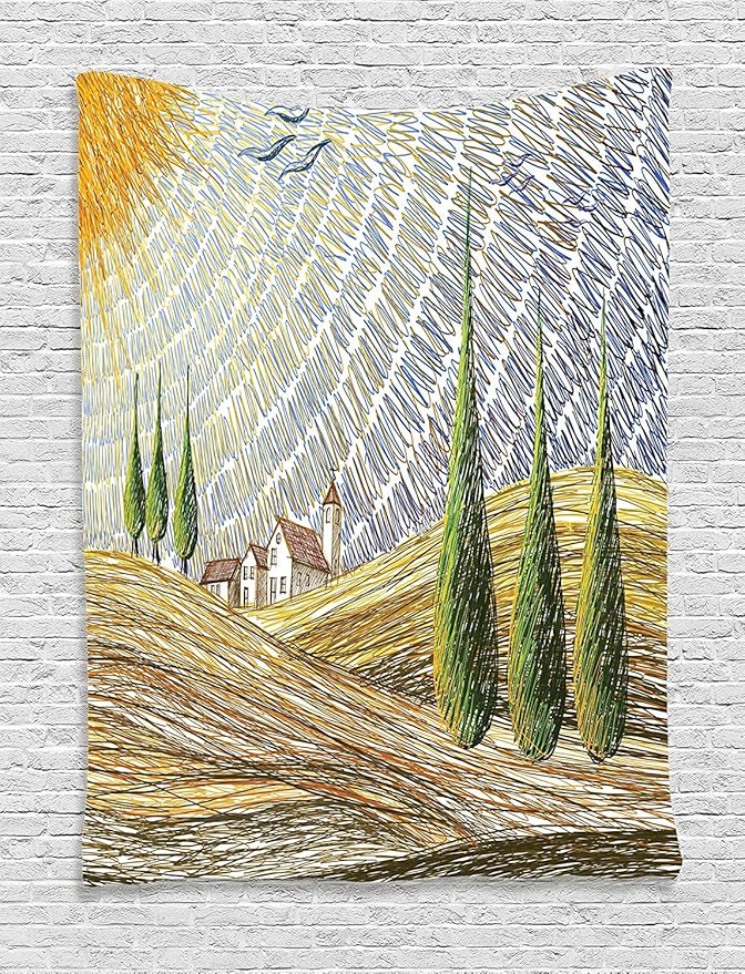 Ambesonne Italian Tapestry, Van Gogh Style Italy Valley Rural Fields European Scenery Painting Print, Wall Hanging for Bedroom Living Room Dorm Decor, 60" X 80", Tan Blue Green