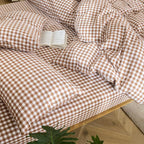 MooMee Gingham Duvet Cover Set 100% Washed Cotton Linen Like Textured Breathable Durable Soft Comfy Modern Checkered Design (Dark Orange Gingham, Full 80"x90")