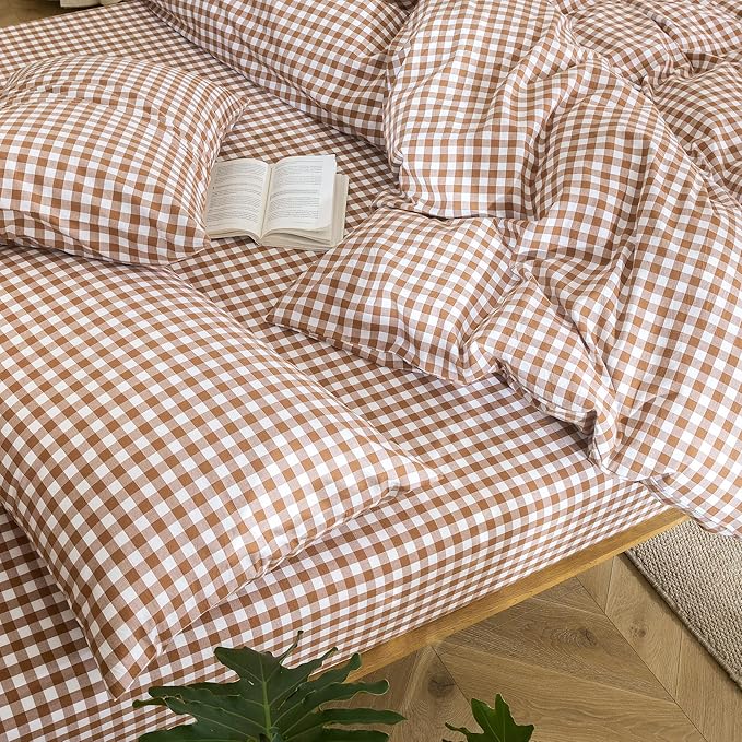 MooMee Gingham Duvet Cover Set 100% Washed Cotton Linen Like Textured Breathable Durable Soft Comfy Modern Checkered Design (Dark Orange Gingham, Palatial King/Oversized King 120"x98")