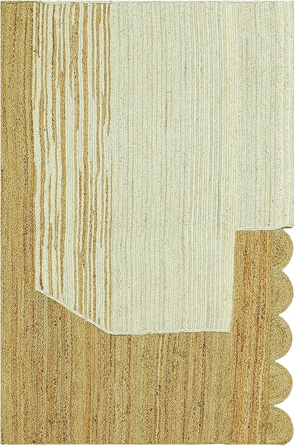 Scalloped Edge Rug, Hand Woven Natural Jute Area Rug, 5x7 Ft Beige & Brown Braided Sisal Kilim Rugs for Living Room, Kitchen, Entryway, Farmhouse