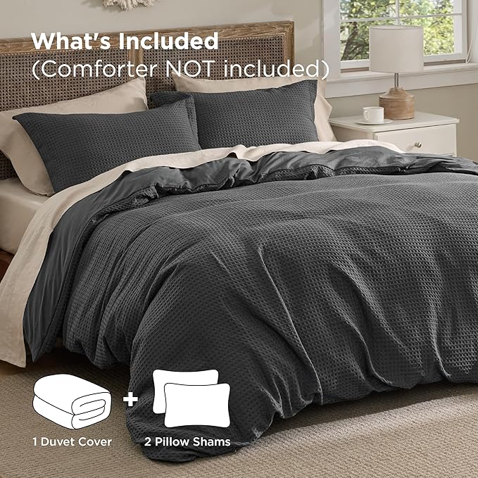 Bedsure Luxury Waffle Duvet Cover Queen Size - Textured Duvet Cover Set, Soft, Breathable Bedding Set (90"x90") with 2 Pillow Shams for All Season, Charcoal, Comforter Not Included