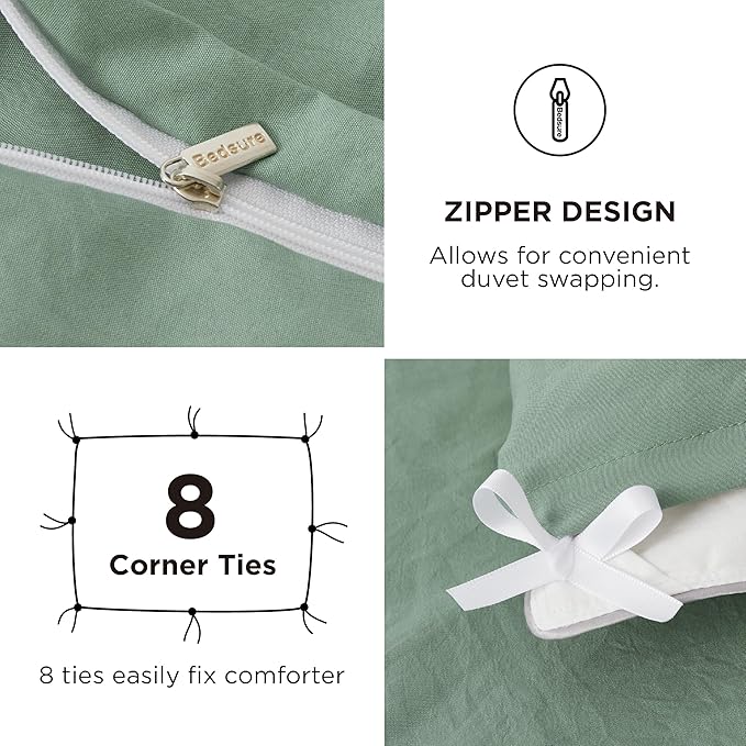 Bedsure Duvet Cover Queen Size with Fitted Sheet - 4 Pieces Prewashed Cotton-Like Extra Soft Bedding Set, Includes 1 Duvet Cover 90x90 Inches, 2 Pillow Shams, 1 Fitted Sheet, Sage Green