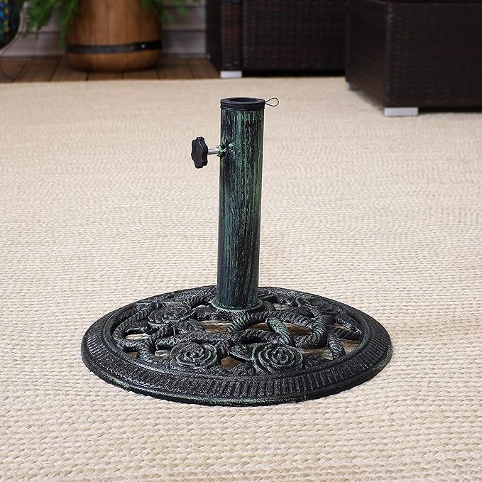 Sunnydaze 17lb Cast Iron Patio Umbrella Base - Heavy-Duty Round Metal Outdoor Market Umbrella Stand for Outside - 16-Inch - Green - Rose Blossom