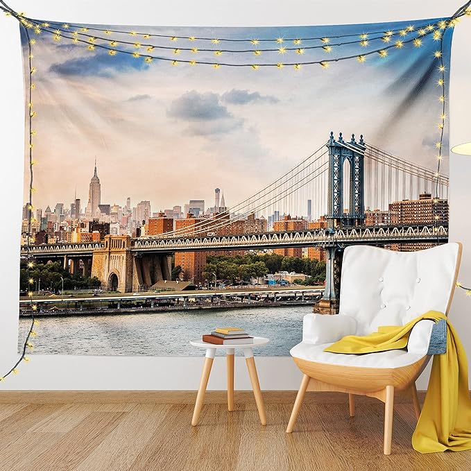 Ambesonne New York Tapestry, Manhattan Bridge and the New York Skyline at Sunset East River Highrise Buildings, Fabric Wall Hanging Decor for Bedroom Living Room Dorm, 23" X 28", Camel Blue
