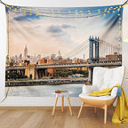 Ambesonne New York Tapestry King Size, Manhattan Bridge and the New York Skyline at Sunset East River Highrise Buildings, Wall Hanging Bedspread Bed Cover Wall Decor, 104" X 88", Camel Blue