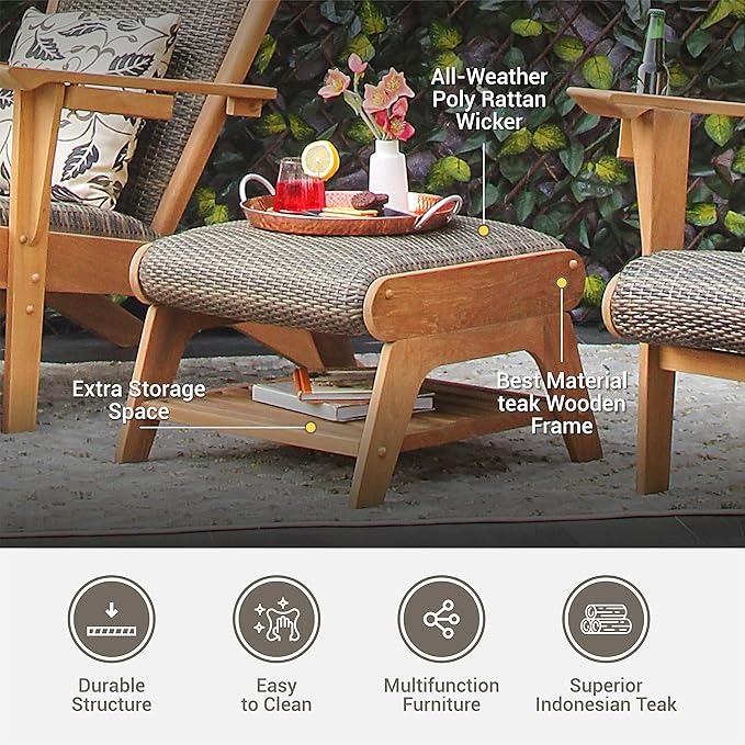 Cambridge Casual Auburn Teak Outdoor Ottoman, All Weather Padded Woven Seat
