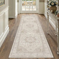 Beige Runner Rug 2'6"x14' Washable Vintage Carpet Hallway Kitchen Soft Retro Low Pile Thin Indoor Bedroom Non Slip Oriental Medallion Long Throw Rug for Bathroom Laundry Dining Room