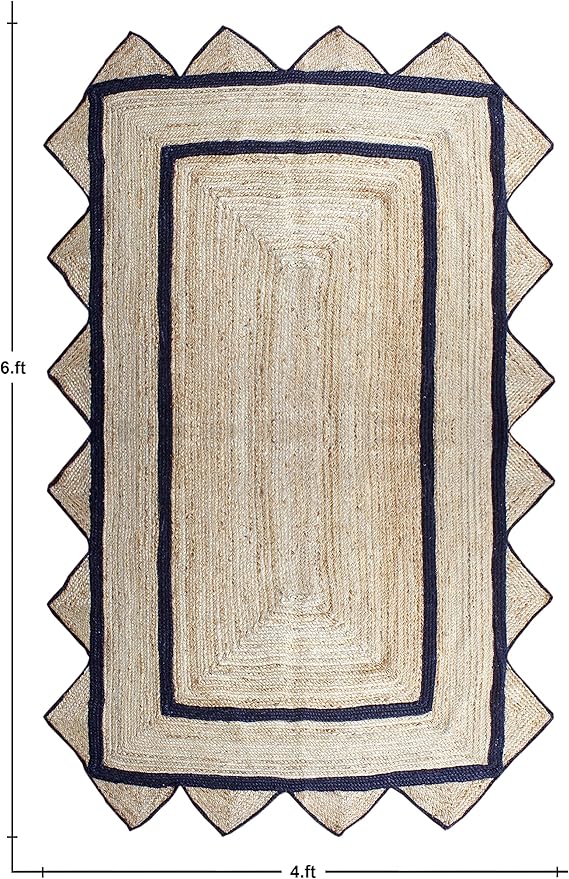 Scalloped Edge Rug, Hand Woven Natural Jute Area Rug, 11x11 Ft Square Beige & Black Braided Kilim Rugs for Living Room, Kitchen, Entryway, Farmhouse