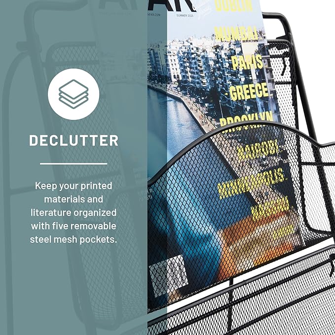 Safco Onyx Mesh Magazine Holder, Ladder Style Display Rack with 5 Pockets, Brochure Organizer, Commercial-Grade Steel Construction, Black