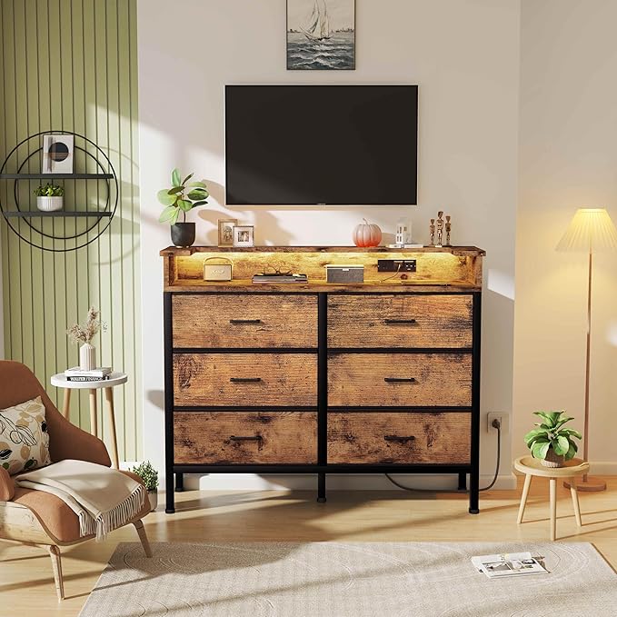 BOLUO Brown Dresser with LED Light and Charging Station for Bedroom 6 Drawer Dresser with USB Outlet, Fabric Dressers & Chests of Drawers Modern