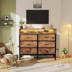 BOLUO Brown Dresser with LED Light and Charging Station for Bedroom 6 Drawer Dresser with USB Outlet, Fabric Dressers & Chests of Drawers Modern