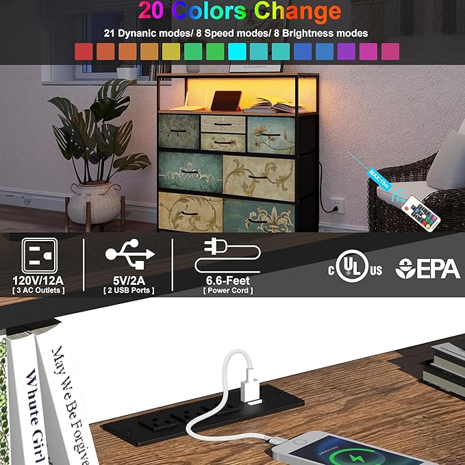 Tohomeor TV Stand with Power Oulet Dresser with Charging Station & LED Light with 8 Fabric Drawers for Living Room Storage Chest of Drawers Retro Dresser with Open Shelf Wooden Top