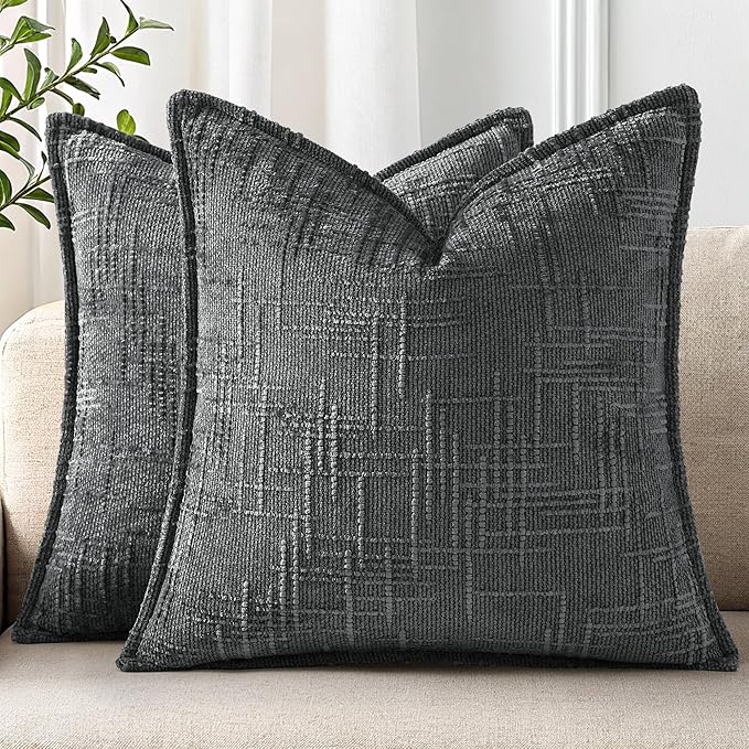 decorUhome Chenille Throw Pillow Covers 22x22 Set of 2, Thick Textured Slubby Neutral Decorative Pillow Covers with Elegant Design for Couch, Sofa, Living Room, Dark Grey