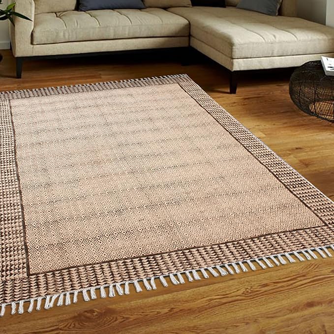Kilim Rug 10x14 Area Rug Gray & Beige Cotton Dhurrie Geometric Thick 0.19 inches Stone Easy Washable Rug Hand Wash Cotton Carpet Flatweave Rug Indoor Outdoor Rugs for Living Room, Bedroom