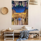 Ambesonne Landscape Tapestry Queen Size, Night Panoramic View Vecchio Bridge Florence Italy Colorful Fireworks, Wall Hanging Bedspread Bed Cover Wall Decor, 88" X 88", Purple Yellow