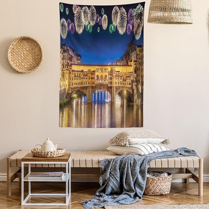 Ambesonne Landscape Tapestry Twin Size, Night Panoramic View Vecchio Bridge Florence Italy Colorful Fireworks, Wall Hanging Bedspread Bed Cover Wall Decor, 68" X 88", Purple Yellow