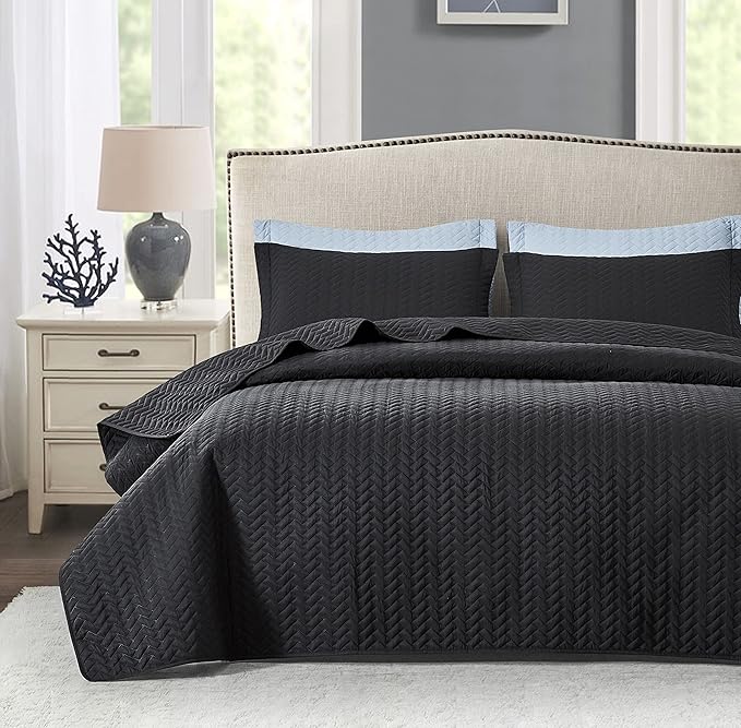 Maple&Stone Quilt Set Twin/Twin XL, Lightweight Black Bedspread Ultrasonic Chevron Pattern Light Coverlet for All Season Comforter Bedding Decor - 2 Piece Twin Extra Long Bed Cover Sets