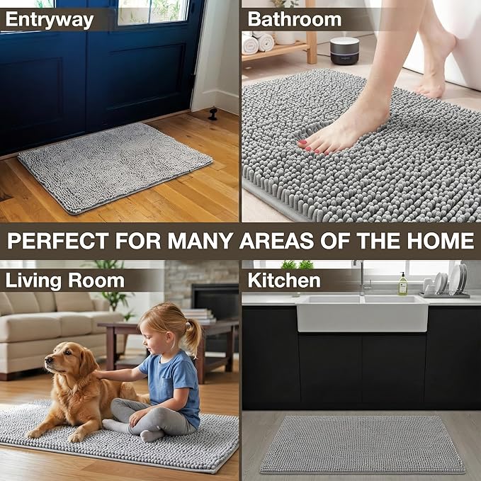 Neater Home Plush Bathroom Rugs 30x20 Thick Chenille Quick Dry Microfiber Absorbent Bath Mat, Soft Bath Rugs, Machine Washable Bathroom Floor Mat for Tub Shower Sink, Home Decor Accessories, Gray