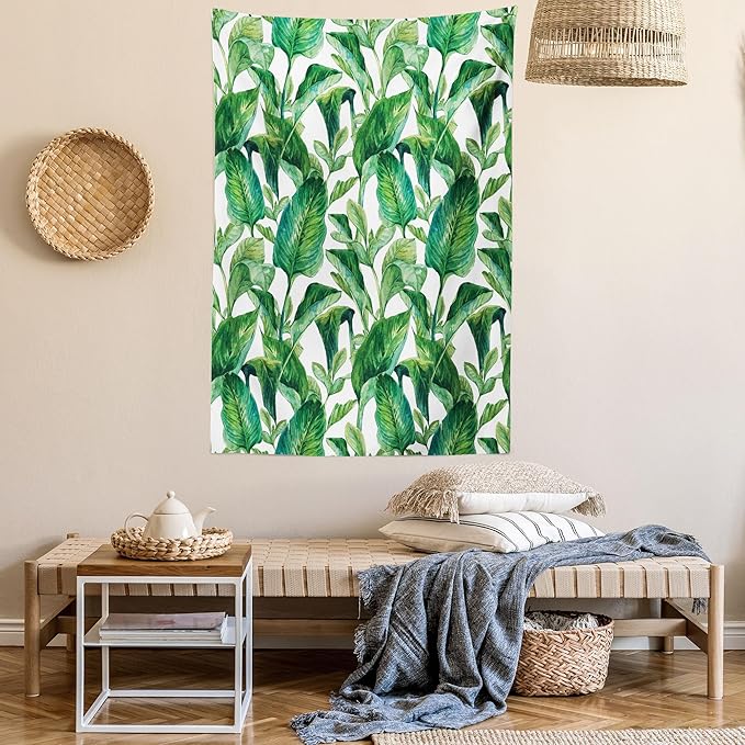 Ambesonne Leaf Tapestry Queen Size, Romantic Holiday Island Hawaiian Banana Trees Watercolored Image, Wall Hanging Bedspread Bed Cover Wall Decor, 88" X 88", Forest Green