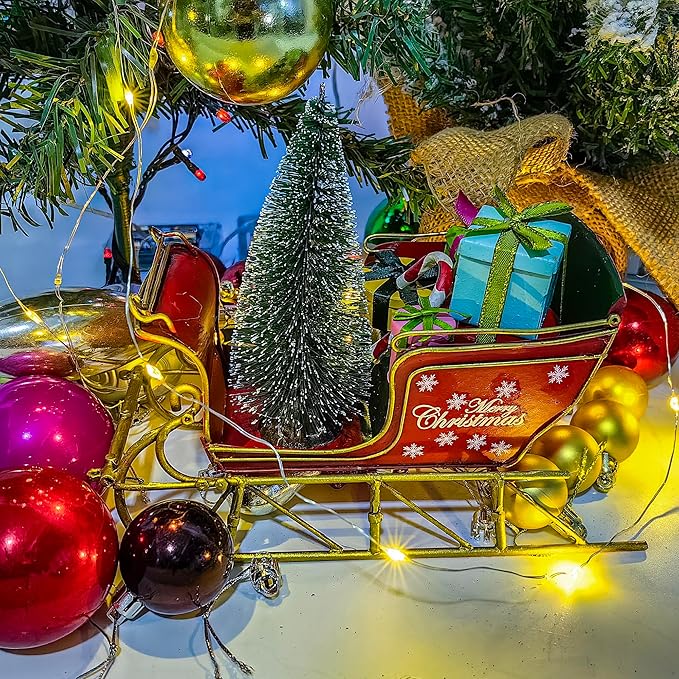 Berfutall-Red Santa Sleigh Christmas Decor for Table Top Holiday Home Decorations Decoration with Rustic Charm (G)