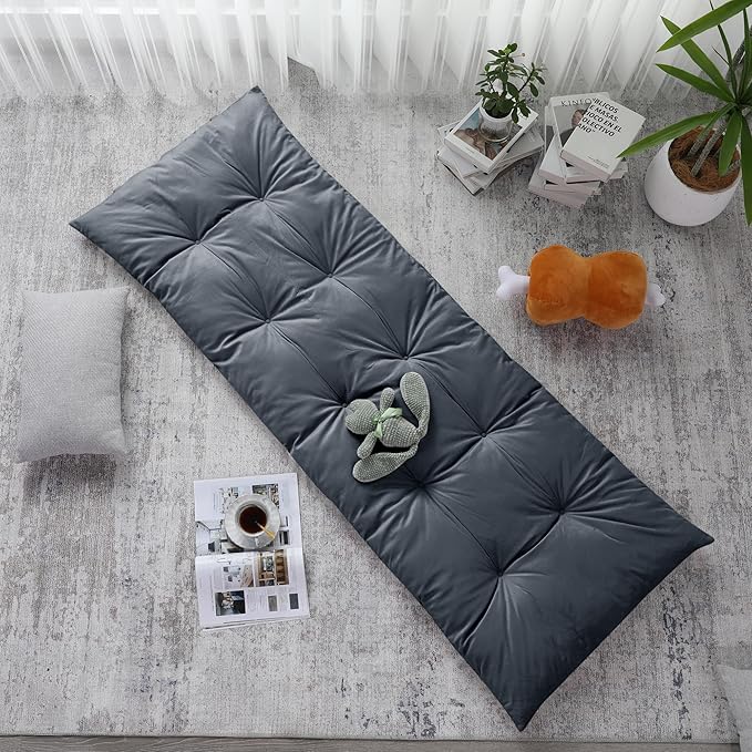 HOMBYS Floor Lounger Pillow Foldable and Tufted Design Long Floor Cushion for Yoga, Reading, Sleeping, Meditation, Elastic Band for Roll Up and Easy Storage, Machine Washable, Dark Grey, 74"x27"