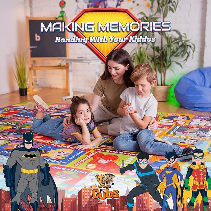 DC Super Friends Educational Kids Rug – ABC Alphabet, Emotions & Hero Traits Learning Mat – Social Skills Classroom, Playroom & Bedroom Carpet 8x10