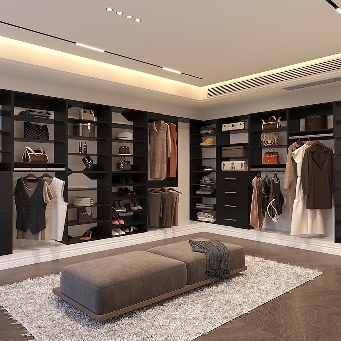 Modular Closet System, 46" Wide Closet Organizer System with Hanging, Wood Tower Closet Storage for Walk In Closets, Wall Mounted Wardrobe Organizer Kit System, Bedroom, Black