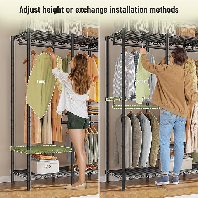 Raybee Clothes Rack for Hanging Clothes,Clothing Rack with Shelves,Portable Closet,Adjustable,76" W x 77" H x 18" D,Max Load 1150lbs,Black
