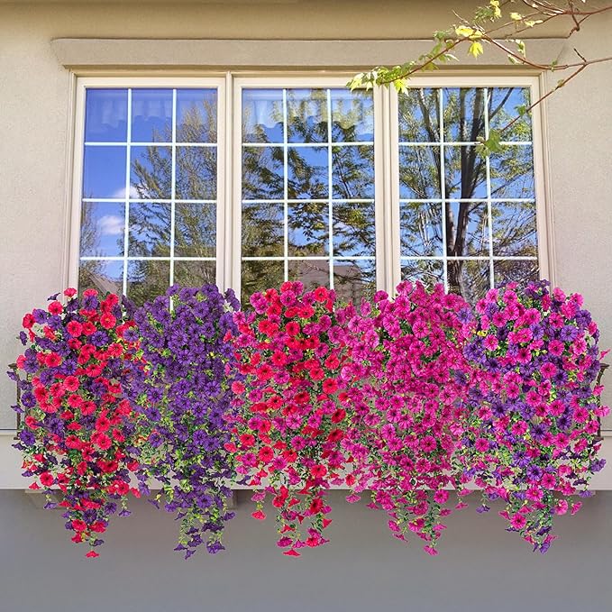 Artificial Hanging Petunias Flowers for Outdoor, 2pcs Fake Plants Long Vine Morning Glory Eucalyptus, UV Resistant Realistic Faux Greenery Outside Patio Porch Garden Spring Decor, Purple Hot Pink