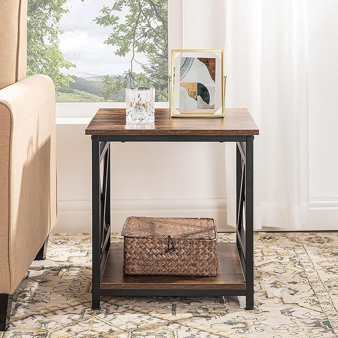 Industrial End Table with 2-Tier Storage Shelf, 18'' Square Side Table with X-Design Metal Frame, Rustic Brown Nightstand Bedside for Living Room Bedroom