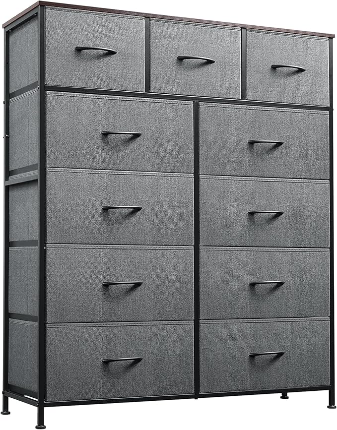 WLIVE Tall Dresser for Bedroom, Fabric Dressers Storage Tower, Dresser & Chest of Drawers Organizer Unit with 11 Drawers, Storage Cabinet, Hallway, Closets, Steel Frame, Wood Top, Dark Grey