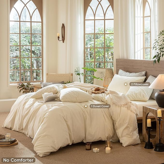 MooMee Wavy Striped Duvet Cover Set 100% Washed Cotton Linen Like Textured Breathable Durable Soft Comfy (Cream White, Super King Plus 120"x120")