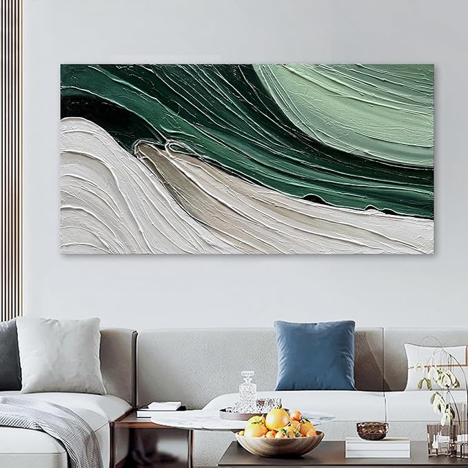 Art 30x60 inch Hand Painted Green and White Textured Oil Paintings Large Modern Abstract Canvas Art Home Wall Decoration