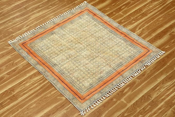 Area Rug 3' Square Rug Bronze & Black Cotton Dhurrie Oriental Thick 0.19 inches Stone Easy Washable Rug Hand Wash Cotton Carpet Flatweave Rug Indoor Outdoor Rugs for Kitchen, Bedside, Enterway