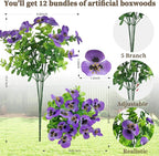 12 Bundles Artificial Fake Pansy Flowers for Outdoor - Yellow, White & Purple Faux Pansies Flowers, Fake Flowers for Outdoor Planters, Porch, Garden, Window Boxes, and Home Decoration