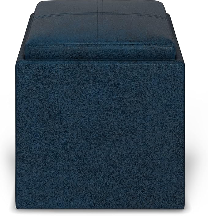 SIMPLIHOME Rockwood Cube Storage Ottoman with Tray - 17 inch Wide Upholstered Vegan Leather Square Storage Ottoman in Distressed Dark Blue, Contemporary Cube Ottoman for Living Room with Serving Tray