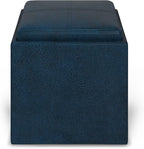 SIMPLIHOME Rockwood Cube Storage Ottoman with Tray - 17 inch Wide Upholstered Vegan Leather Square Storage Ottoman in Distressed Dark Blue, Contemporary Cube Ottoman for Living Room with Serving Tray