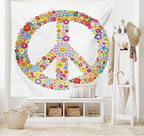 Ambesonne Groovy Tapestry King Size, Floral Peace Sign Summer Spring Blooms Love Happiness Themed Illustration Print, Wall Hanging Bedspread Bed Cover Wall Decor, 104" X 88", Red White