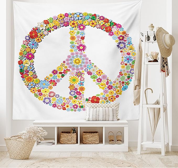 Ambesonne Groovy Tapestry King Size, Floral Peace Sign Summer Spring Blooms Love Happiness Themed Illustration Print, Wall Hanging Bedspread Bed Cover Wall Decor, 104" X 88", Red White