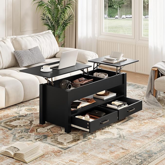 IDEALHOUSE 47.2" Coffee Table with Storage, Multi-Function Lift Top Coffee Table with Wooden Lift Tabletop, 2 Drawers and Hidden Compartment, Central Table for Living Room Home Office, Black