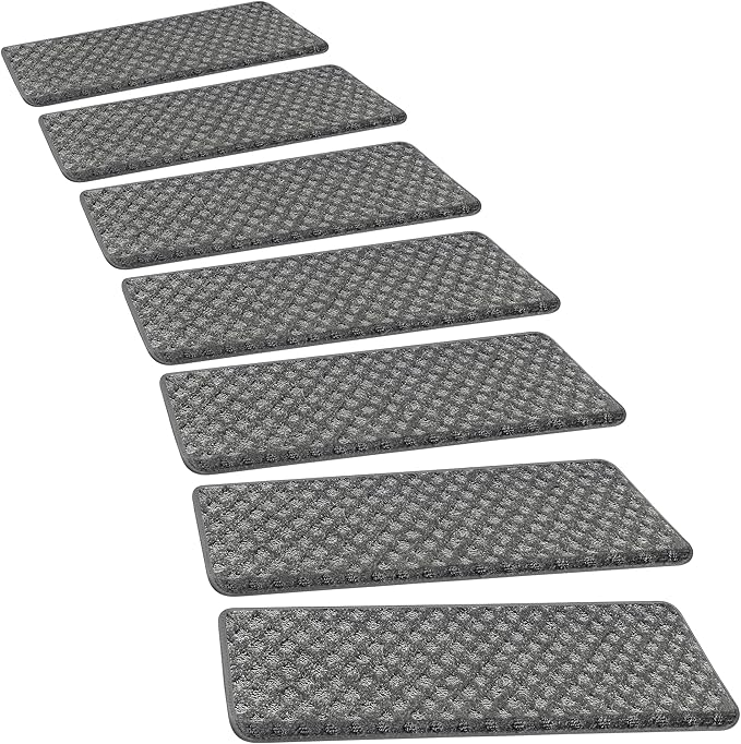 PURE ERA Bullnose Carpet Stair Treads Set Tape Free Non-Slip Indoor Stair Protectors Pet Friendly Rugs9.5" x 30"(2 Pieces,Grey Mini-Diamond Trellis)