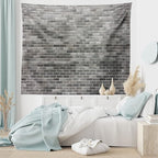 Ambesonne Grey and White Tapestry King Size, Modern Brick Wall Tiles Urban Construction Architecture Building Town Art Picture, Wall Hanging Bedspread Bed Cover Wall Decor, 104" X 88", Grey