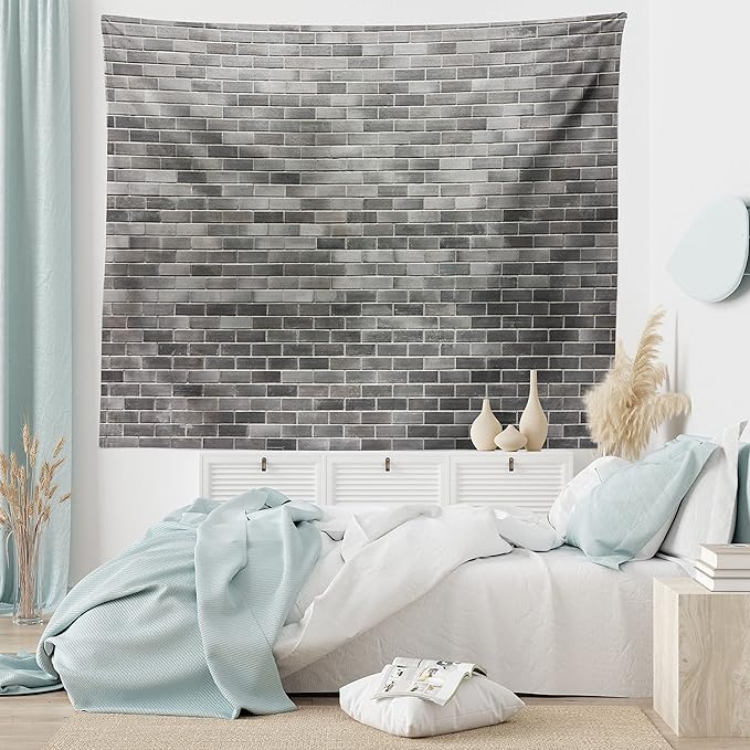 Ambesonne Grey and White Tapestry King Size, Modern Brick Wall Tiles Urban Construction Architecture Building Town Art Picture, Wall Hanging Bedspread Bed Cover Wall Decor, 104" X 88", Grey