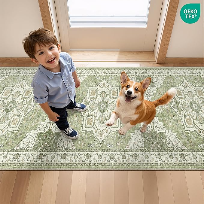 Hallway Runner Rug 2x12, Extra Long Washable Runner Rugs with Rubber Backing, Non Slip Runner, Vintage Rug Runners for Kitchen Laundry Room Entryway (Light Green,2'x12')