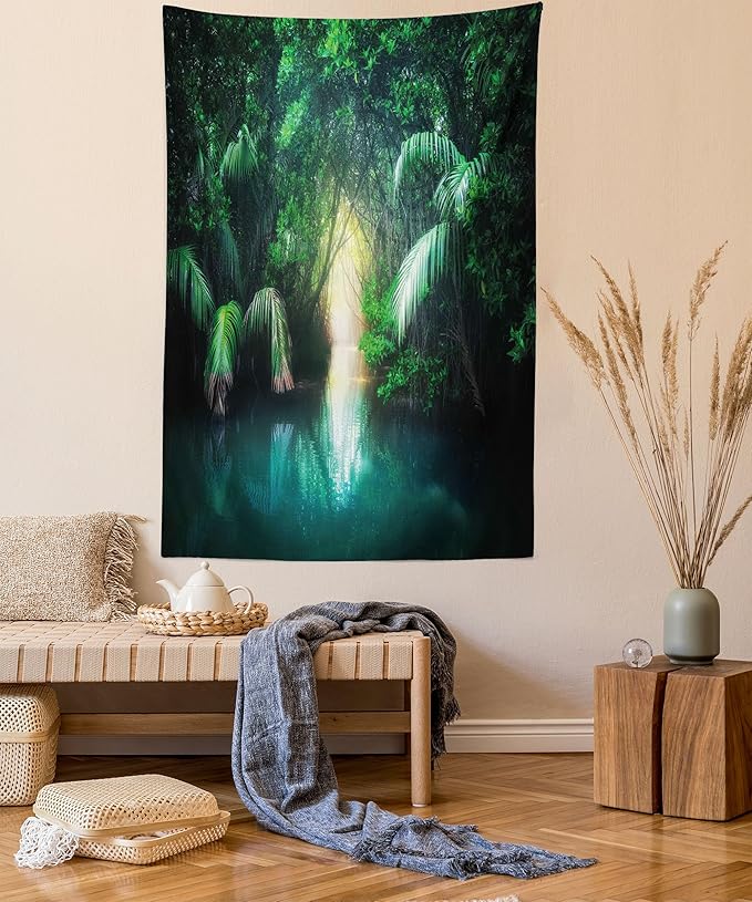 Ambesonne Jungle Tapestry, Tropical Lake Mangrove Rainforest Pathway Through Sri Lanka Travel Destination, Fabric Wall Hanging Decor for Bedroom Living Room Dorm, 30" X 45", Green Teal