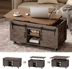 40” Farmhouse Coffee Table Bilateral Lift Top with Sliding Barn Door Movable Rustic Square Center Table with Large Hidden Storage Compartment Lifting Tabletop for Home Living Room,Office (Dark Brown)