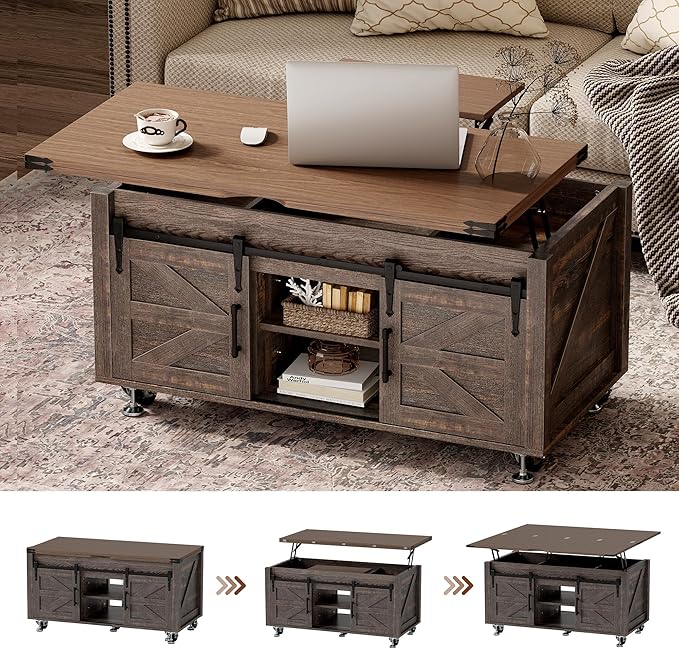 40” Farmhouse Coffee Table Bilateral Lift Top with Sliding Barn Door Movable Rustic Square Center Table with Large Hidden Storage Compartment Lifting Tabletop for Home Living Room,Office (Dark Brown)