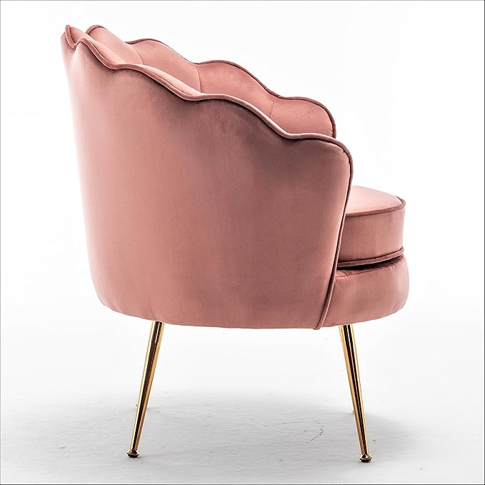 Velvet Barrel Accent Chair with Scalloped Silhouette and Gold Metal Legs, Decorative Piece Suitable for Traditional, Modern, and Contemporary Spaces, Rose