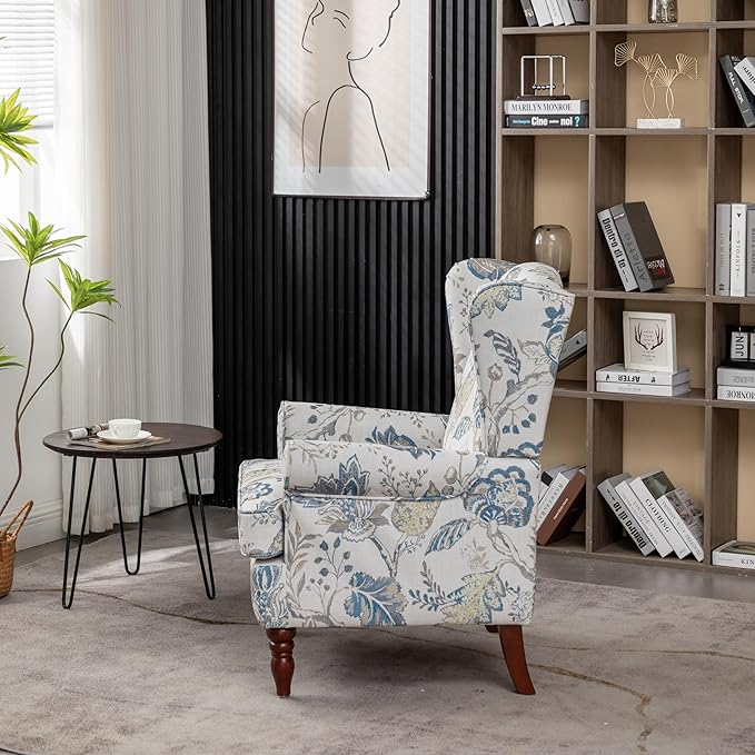 KEIKI Floral Accent Chair for Living Room – Timeless Botanical Style with Carved Wooden Legs, Decorative Upholstered Armchair for Refined Seating